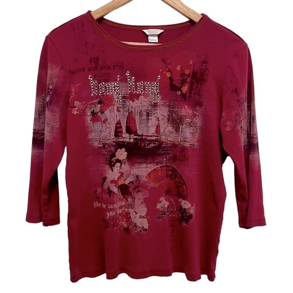 VINTAGE Y2K Christopher & Banks Hong Kong Graphic 3/4 Sleeve Shirt. Size M - Picture 1 of 12